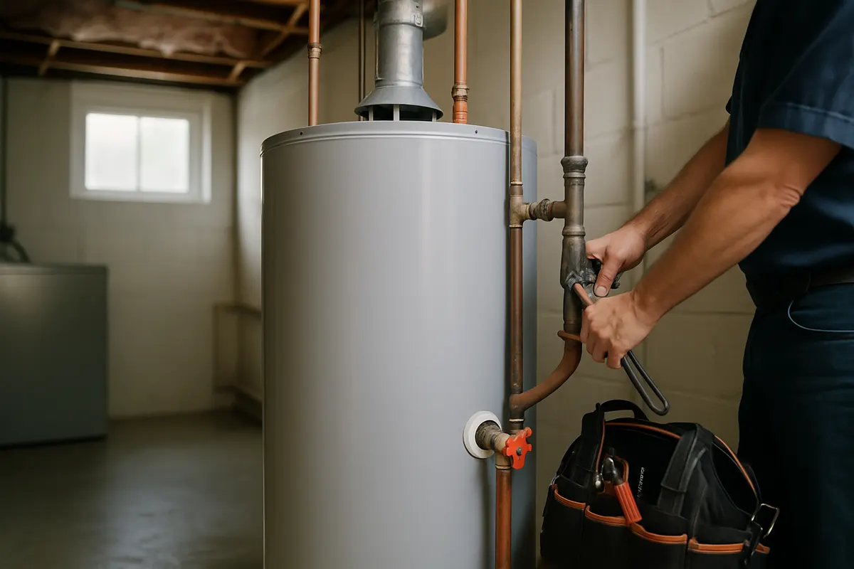 A plumber checking the pipes on a tank water heater in a basement